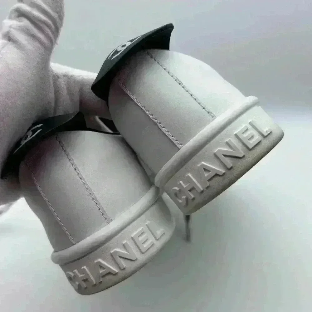 Chanel White Leather Casual Sneakers: Women's Size 36.5 Logo Laces CC